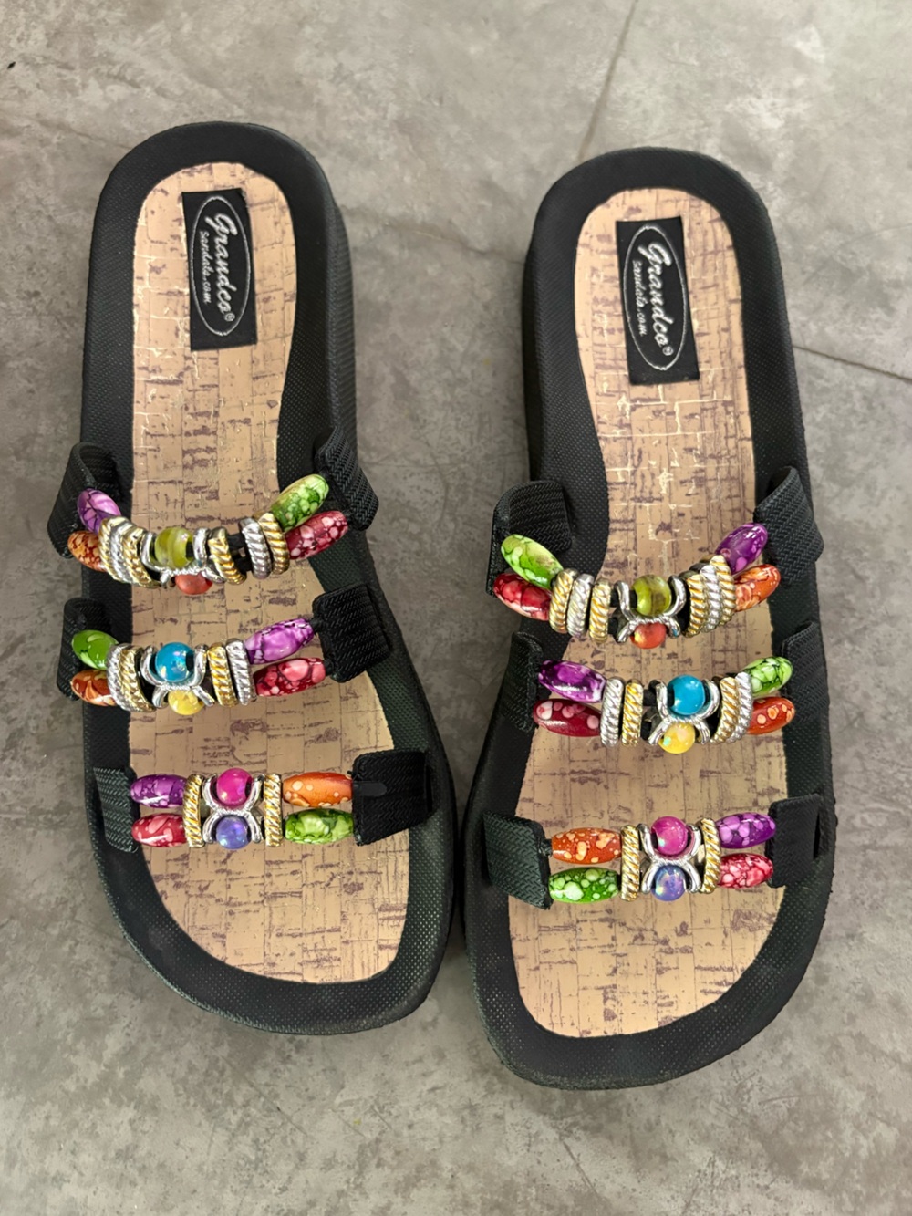 Grandco sandals  black beaded straps and a classic cork sole